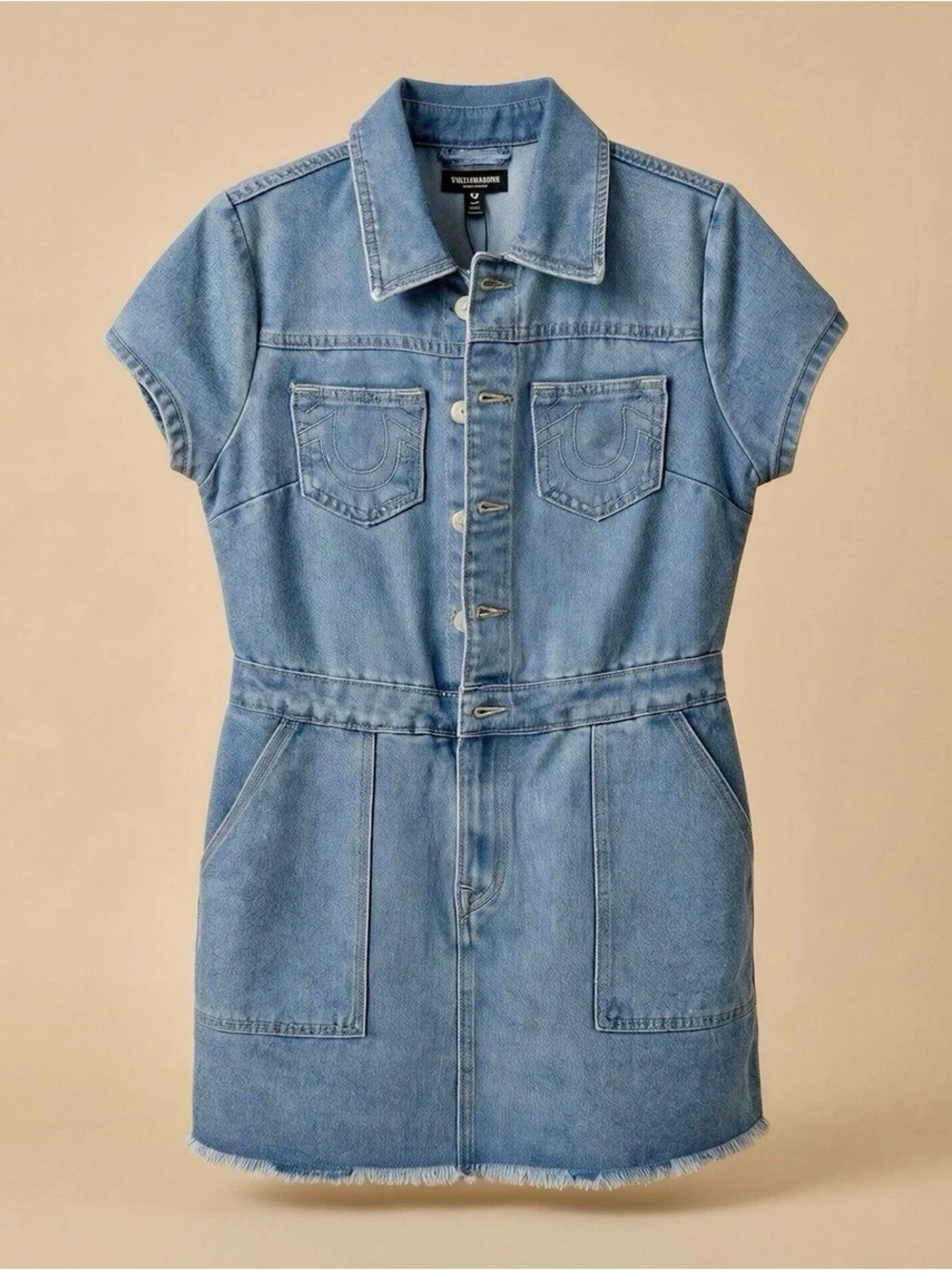 True Religion Denim Dress Size Medium Button Up Zipper Fly Raw Edge NWT